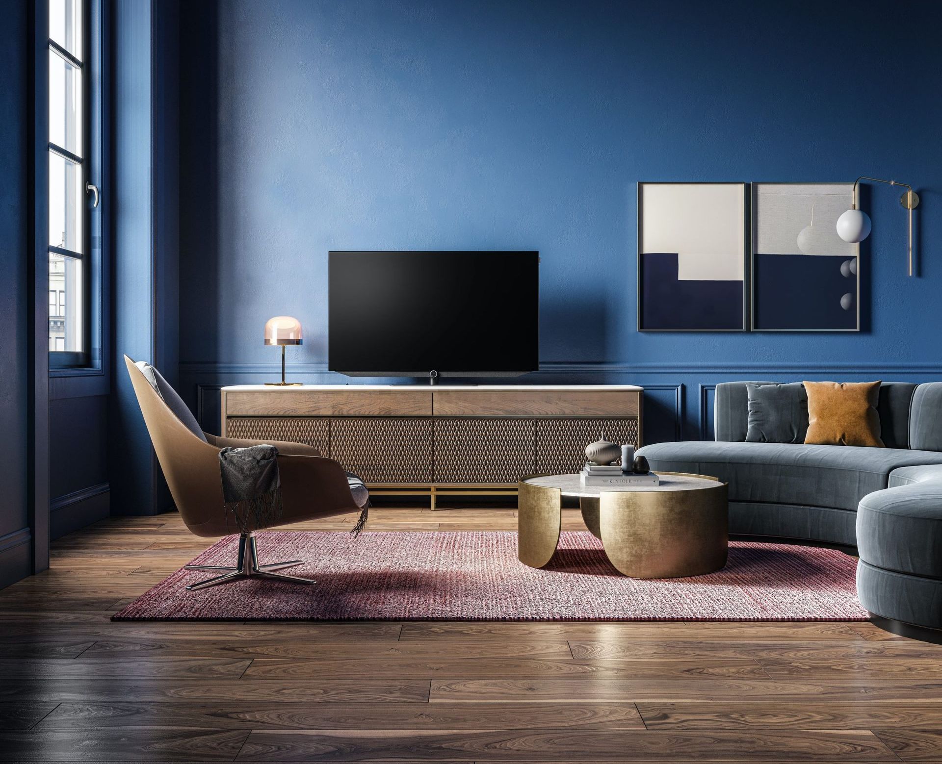 Sophisticated living room interior with blue walls and modern furniture